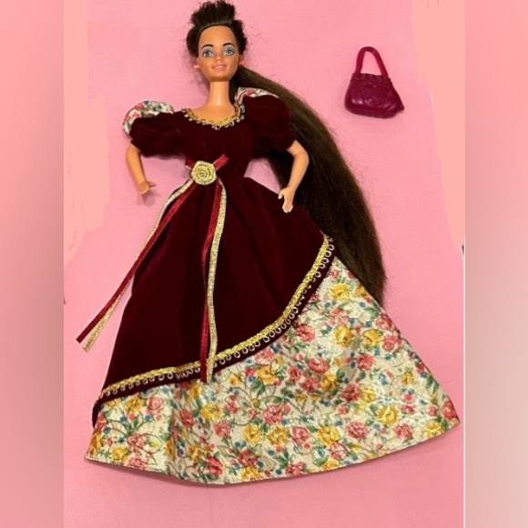 Mattel Long Brown Hair, Fancy Flowered Velvet Dress with Purse, Barbie Doll - Picture 3 of 3